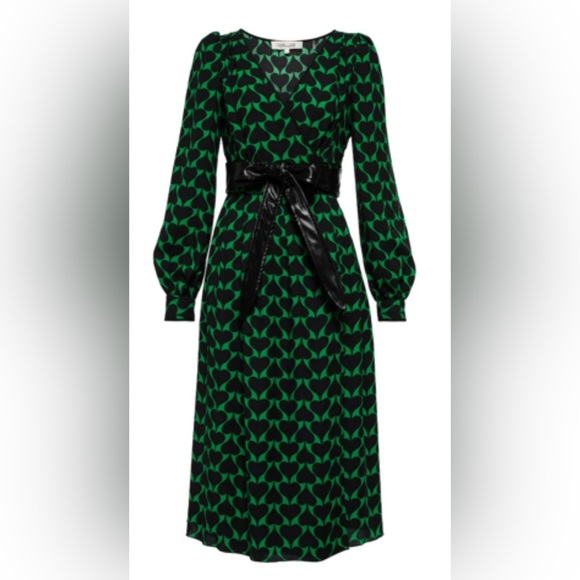 Diane Von Furstenberg Long Sleeve Faux Wrap Midi Dress Green Black Sz 16 no belt - Picture 11 of 14